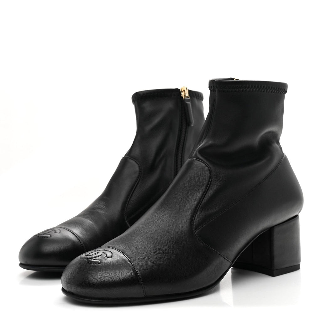 Stretch Lambskin Cap Toe CC Short Boots 38 Black