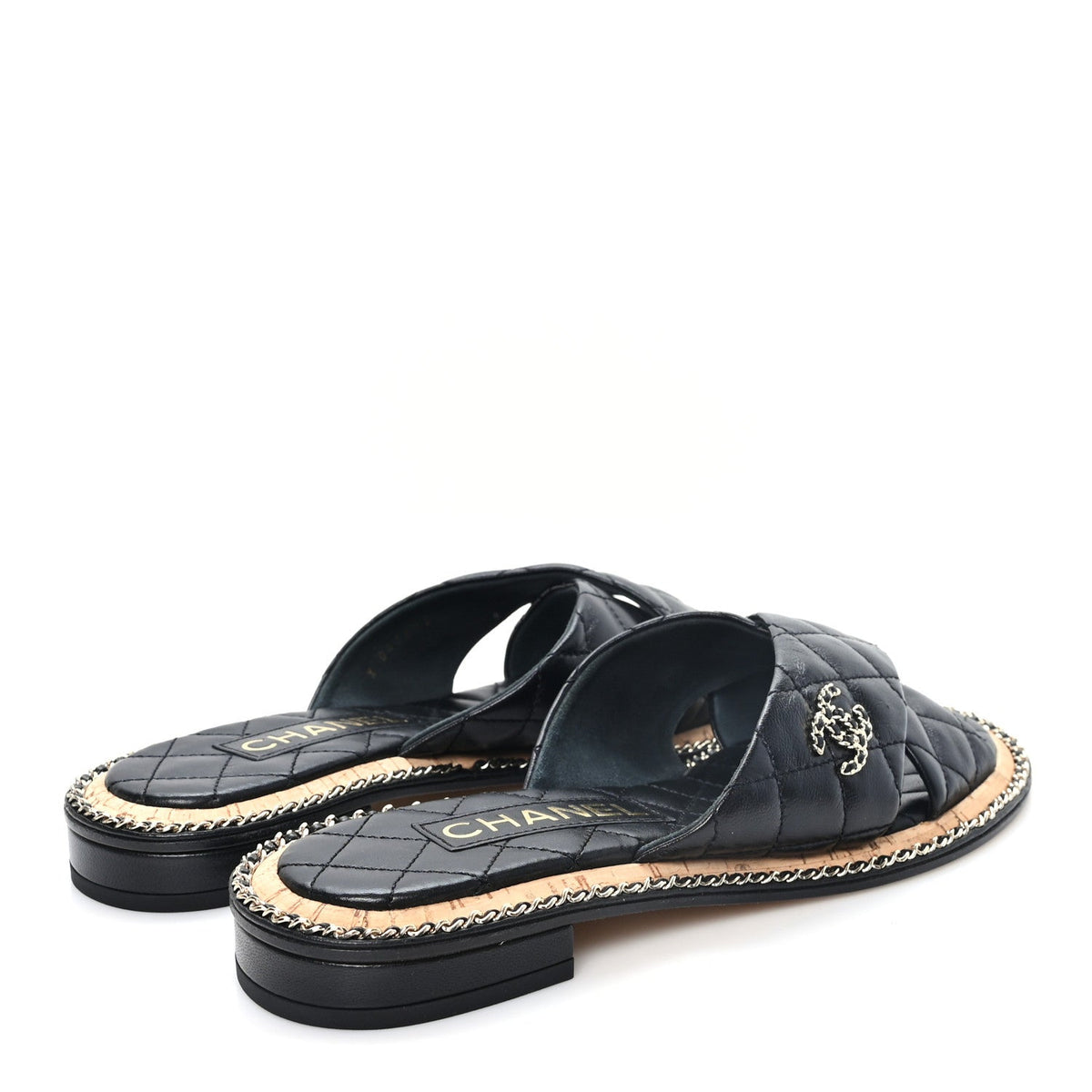 Shiny Lambskin Quilted Chain CC Sandals 38 Black