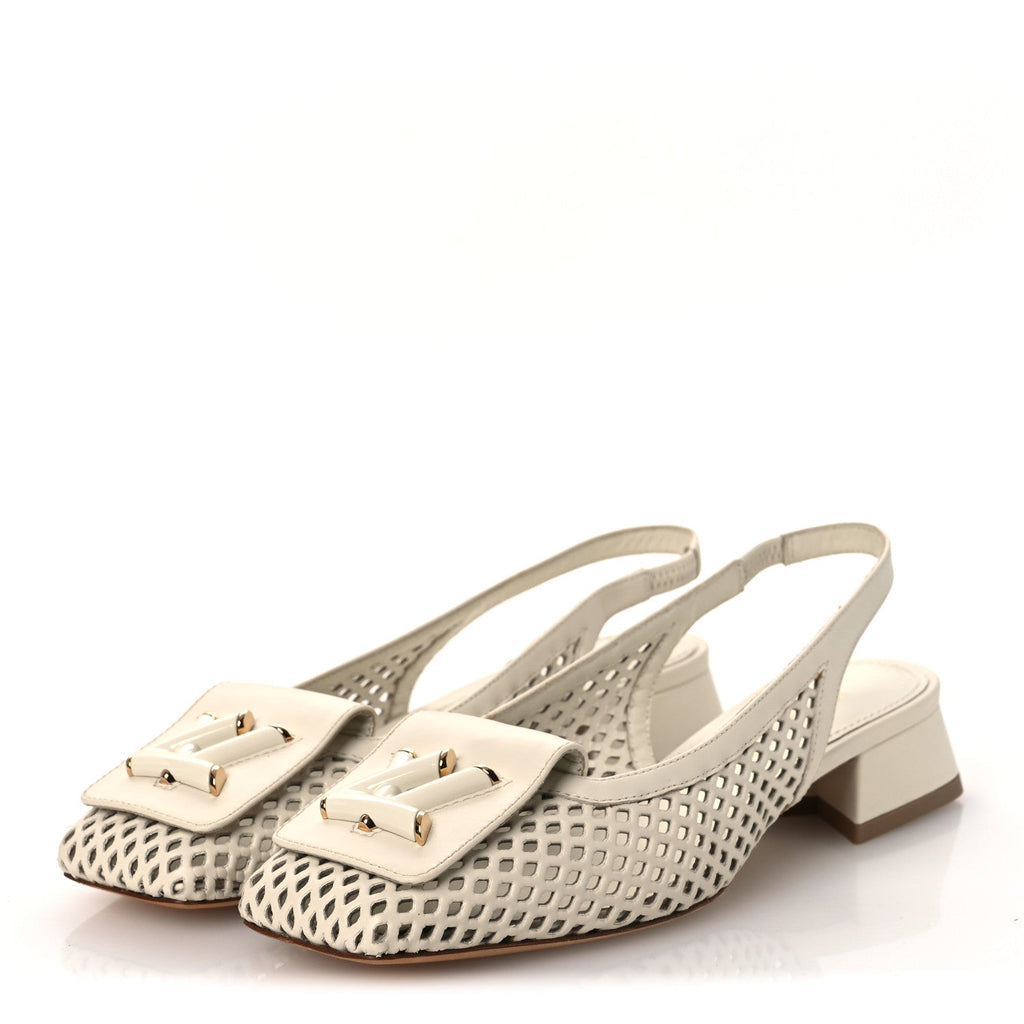 Calfskin Perforated Shake Slingback Pumps 35.5 Creme Beige