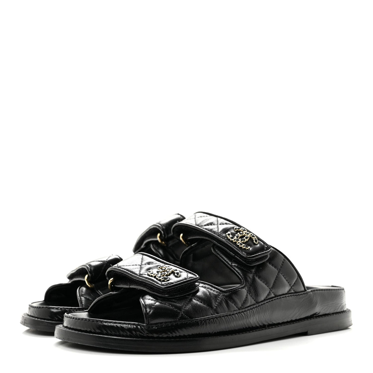 Crumpled Shiny Lambskin Velcro Dad Sandals 36 Black