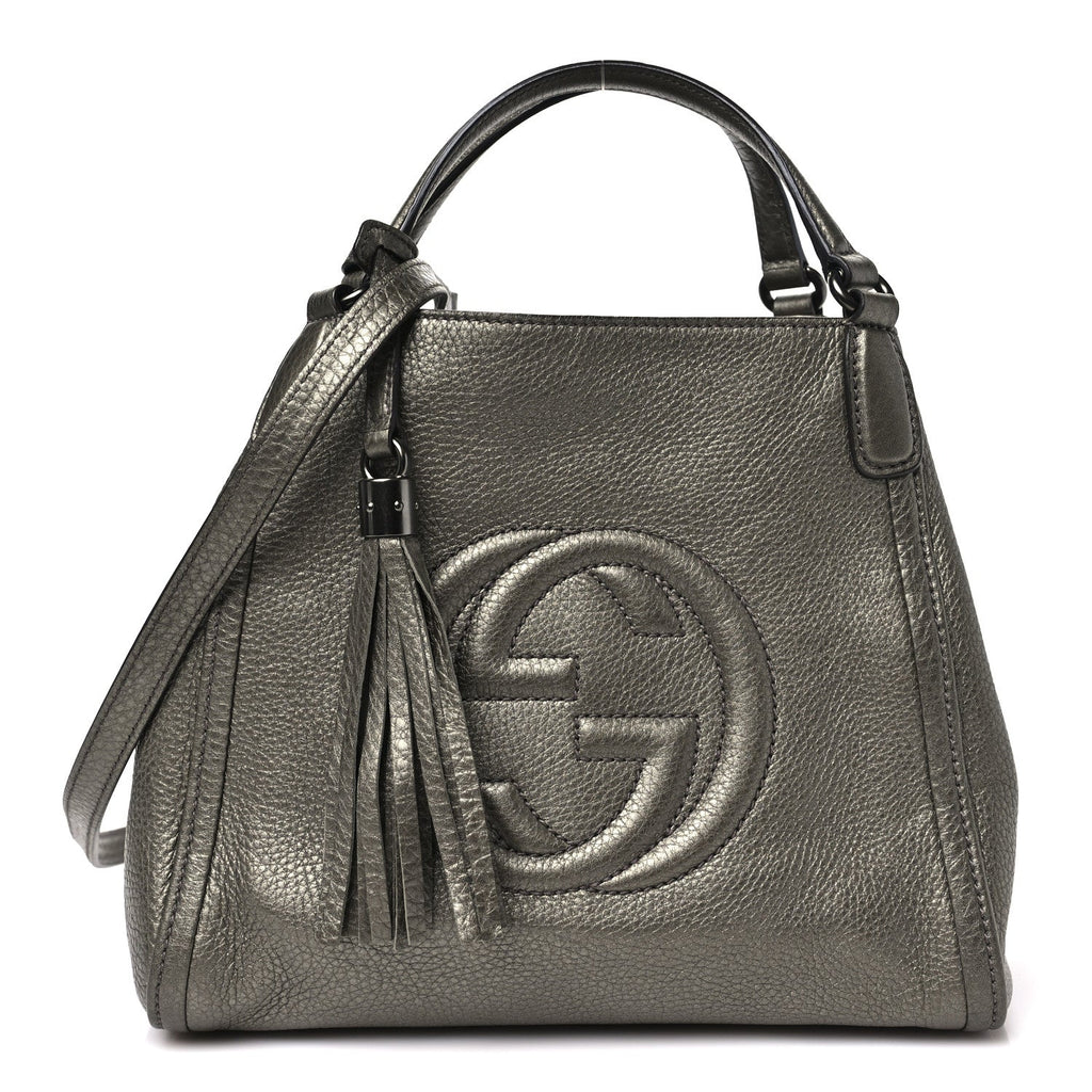 Metallic Pebbled Calfskin Small Soho Shoulder Bag Golden Beige