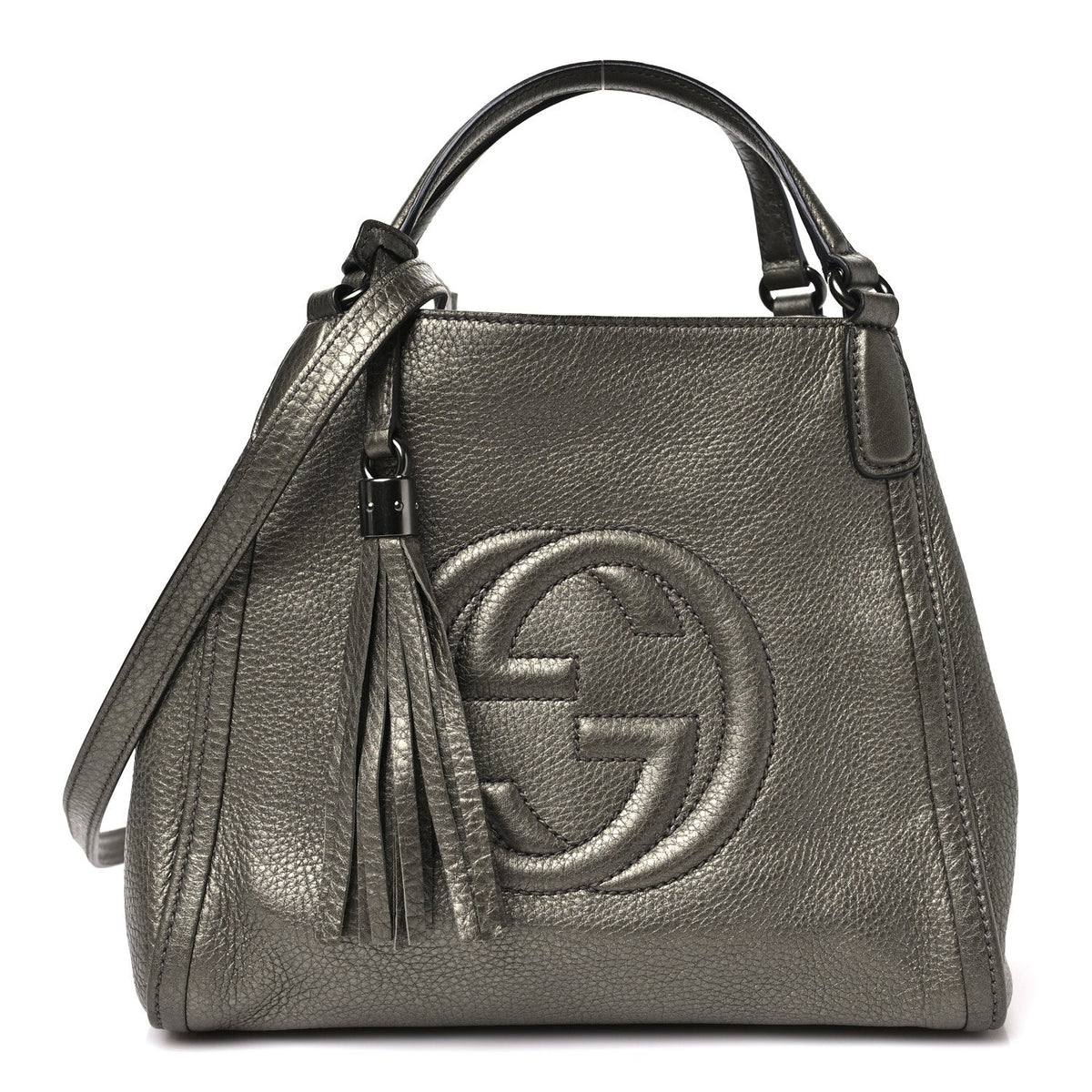 Metallic Pebbled Calfskin Small Soho Shoulder Bag Golden Beige