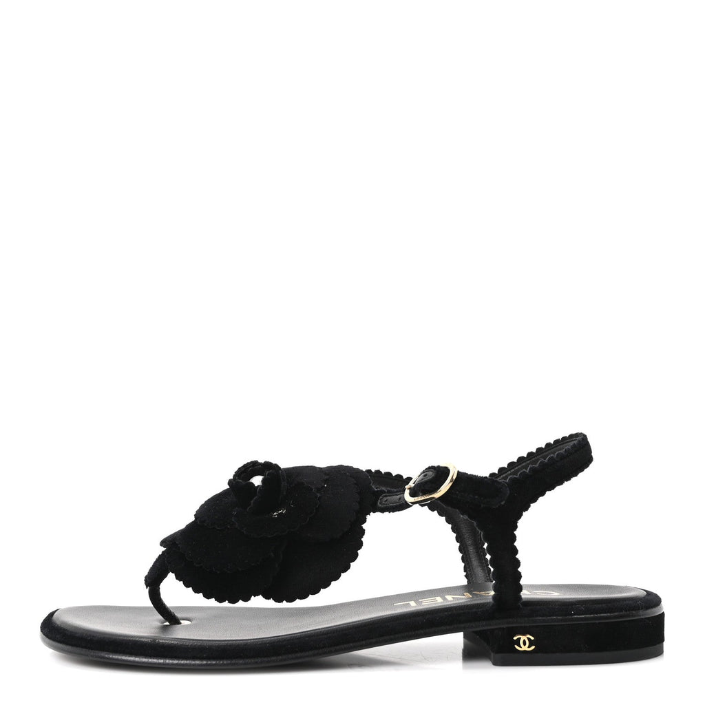 Velvet Pearl Camellia Thong Sandals 37.5 Black