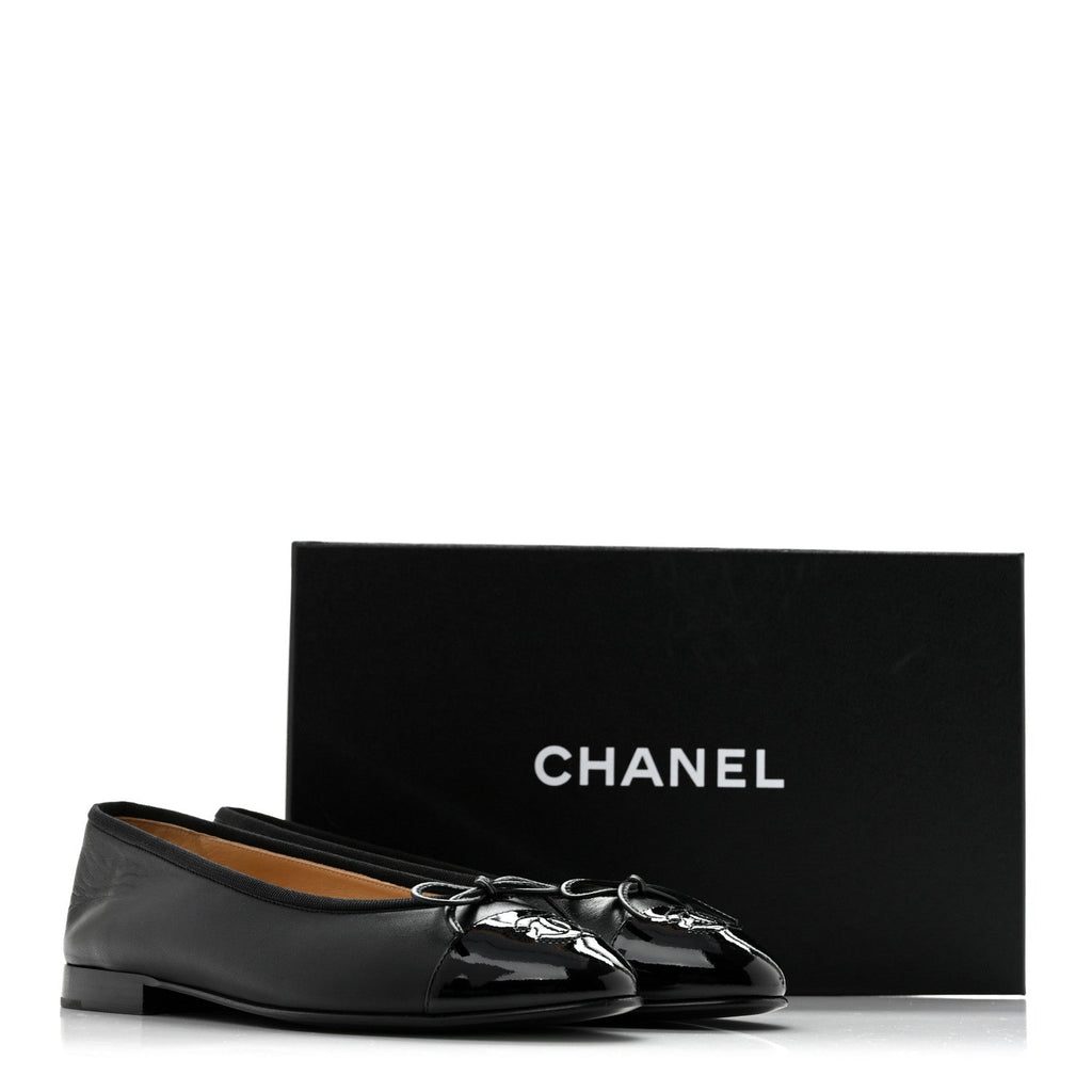 Lambskin Patent Cap Toe Ballerina Flats 37 Black
