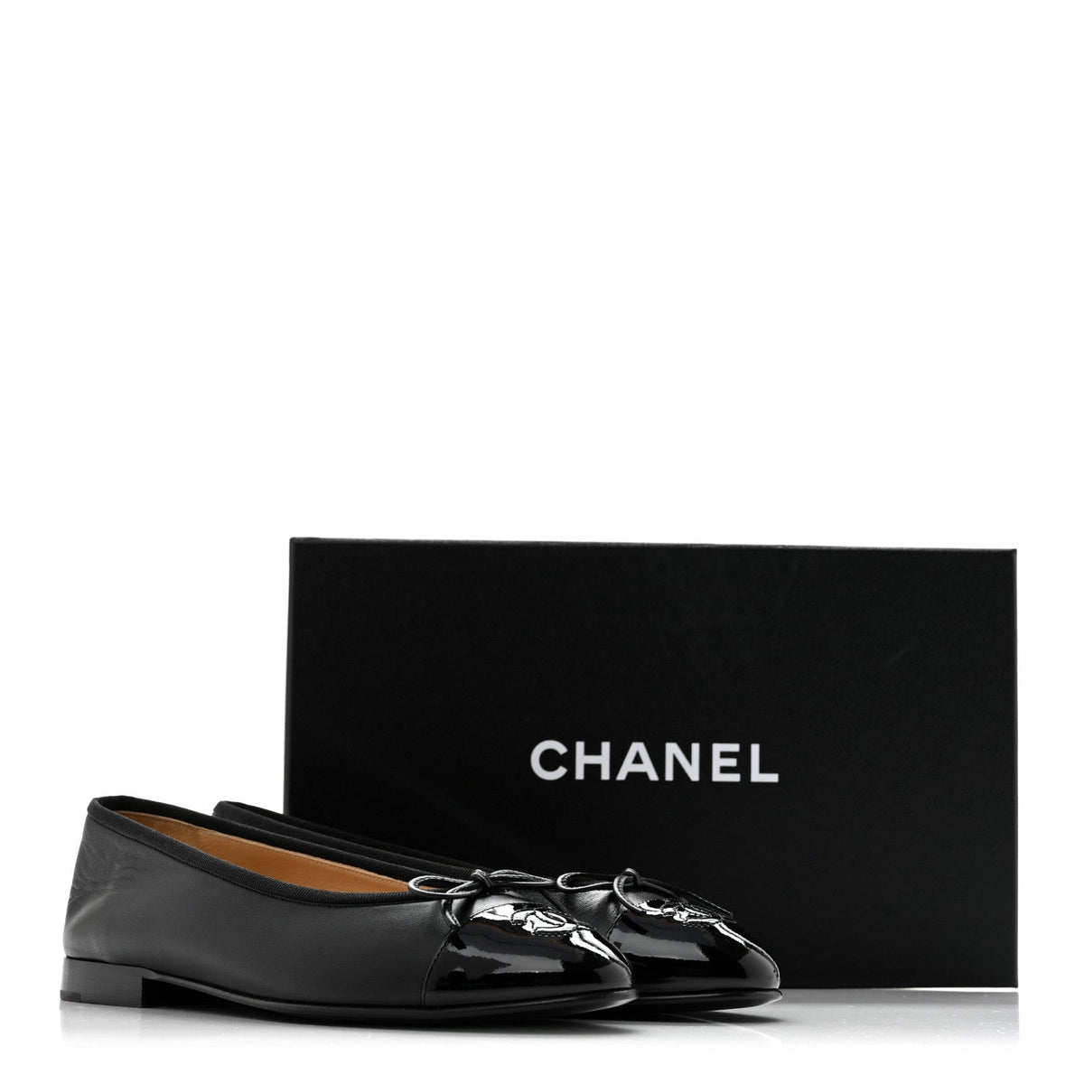 Lambskin Patent Cap Toe Ballerina Flats 37 Black