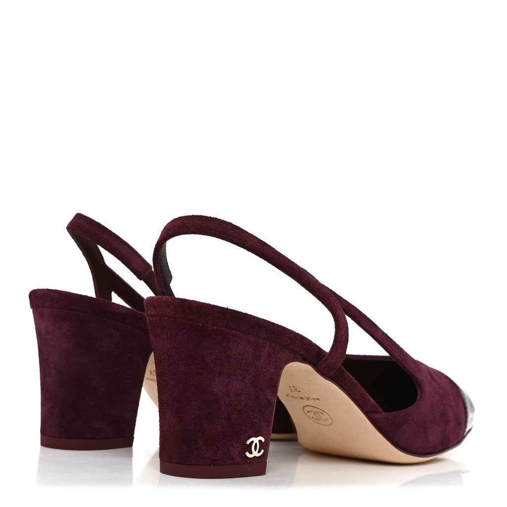 Suede Patent Cap Toe CC Slingback Pumps 37 Burgundy