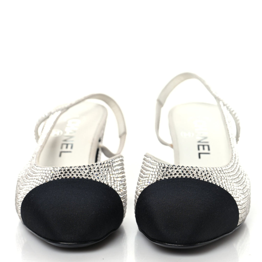 Strass Grosgrain Cap Toe CC Slingback Pumps 36 Silver Black