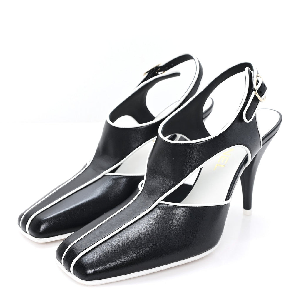 Lambskin CC Slingback Pumps 38 White Black