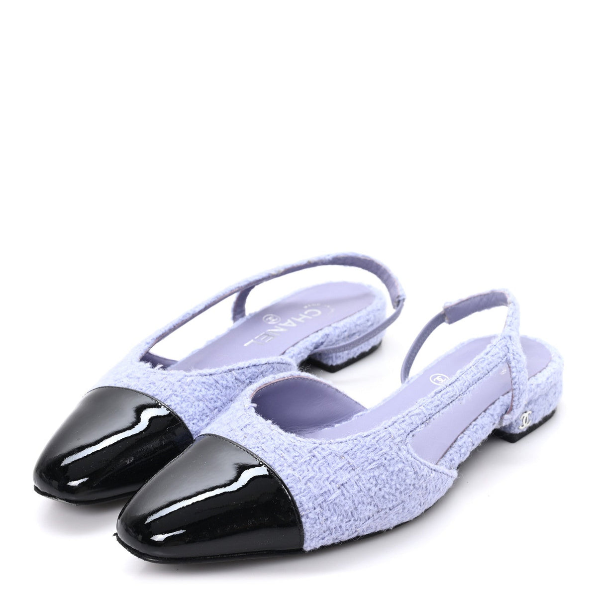 Iridescent Wool Tweed Patent Cap Toe CC Slingback Flats 36.5 Light Purple Silver Black