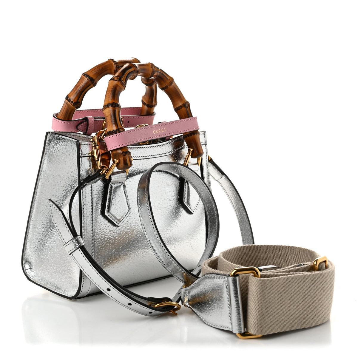 Textured Calfskin Mini Diana Tote Bag Silver Sugar Pink