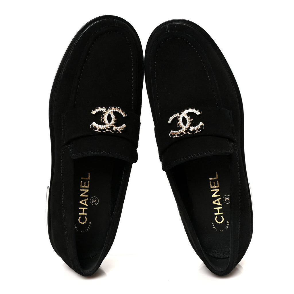 Suede Kidskin Crystal CC Loafers 38 Black