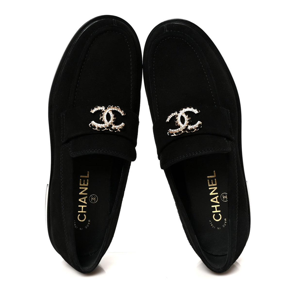 Suede Kidskin Crystal CC Loafers 38 Black