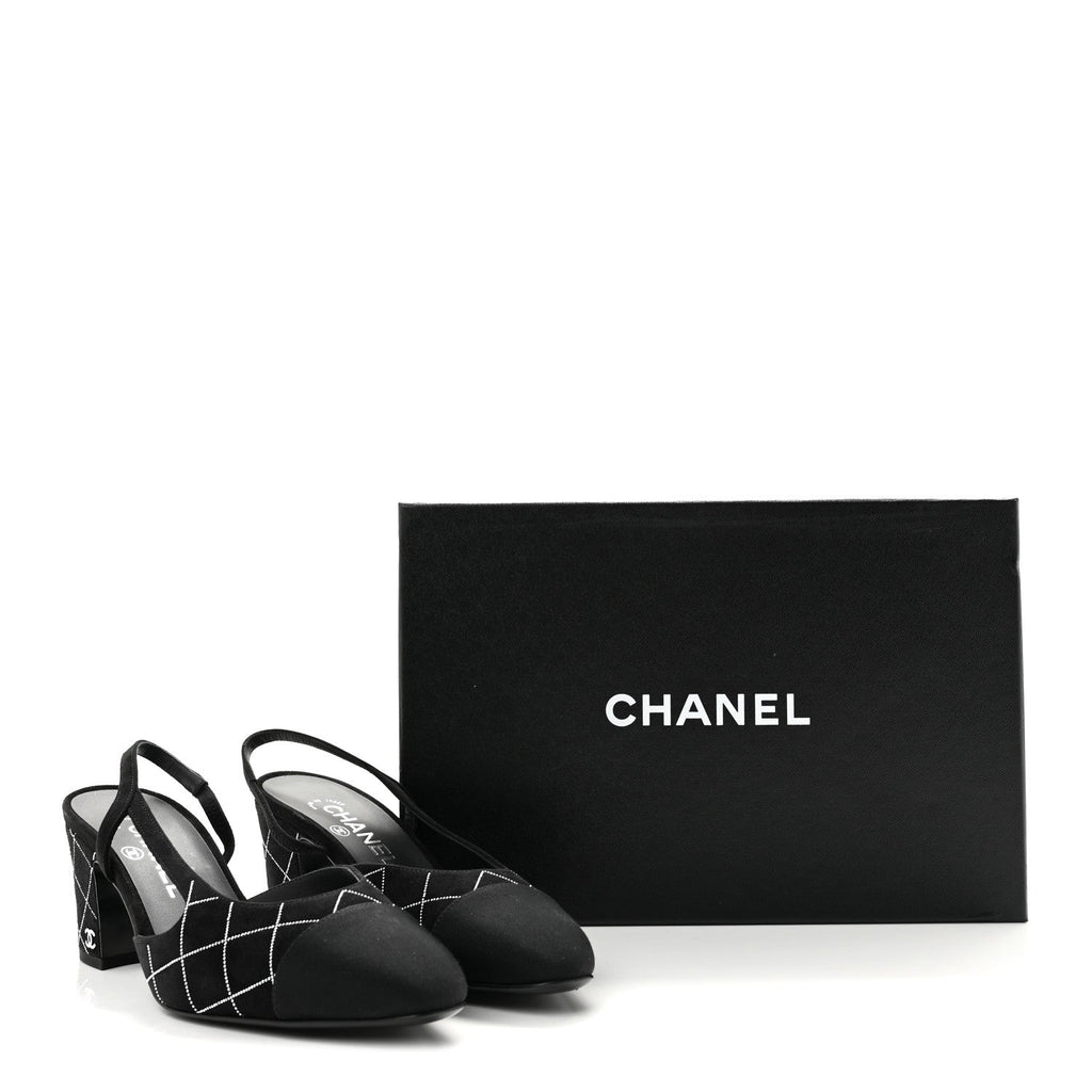 Suede Crystal Grosgrain Cap Toe CC Slingback Pumps 38 Black Silver