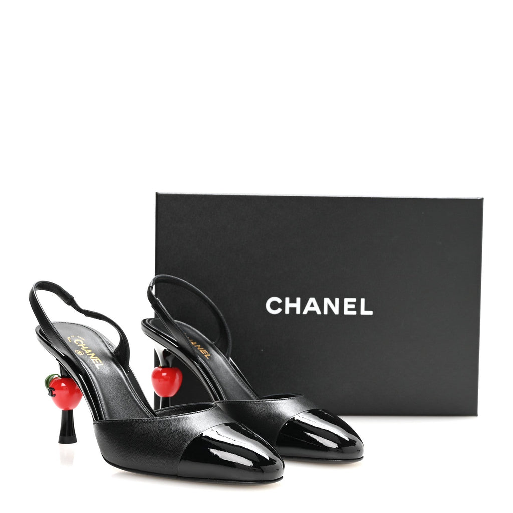 Lambskin Patent Calfskin Cap Toe CC Apple Slingback Pumps 37.5 Black
