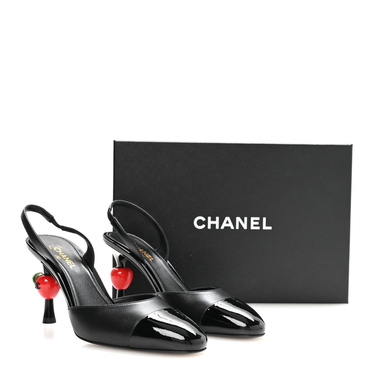 Lambskin Patent Calfskin Cap Toe CC Apple Slingback Pumps 37.5 Black