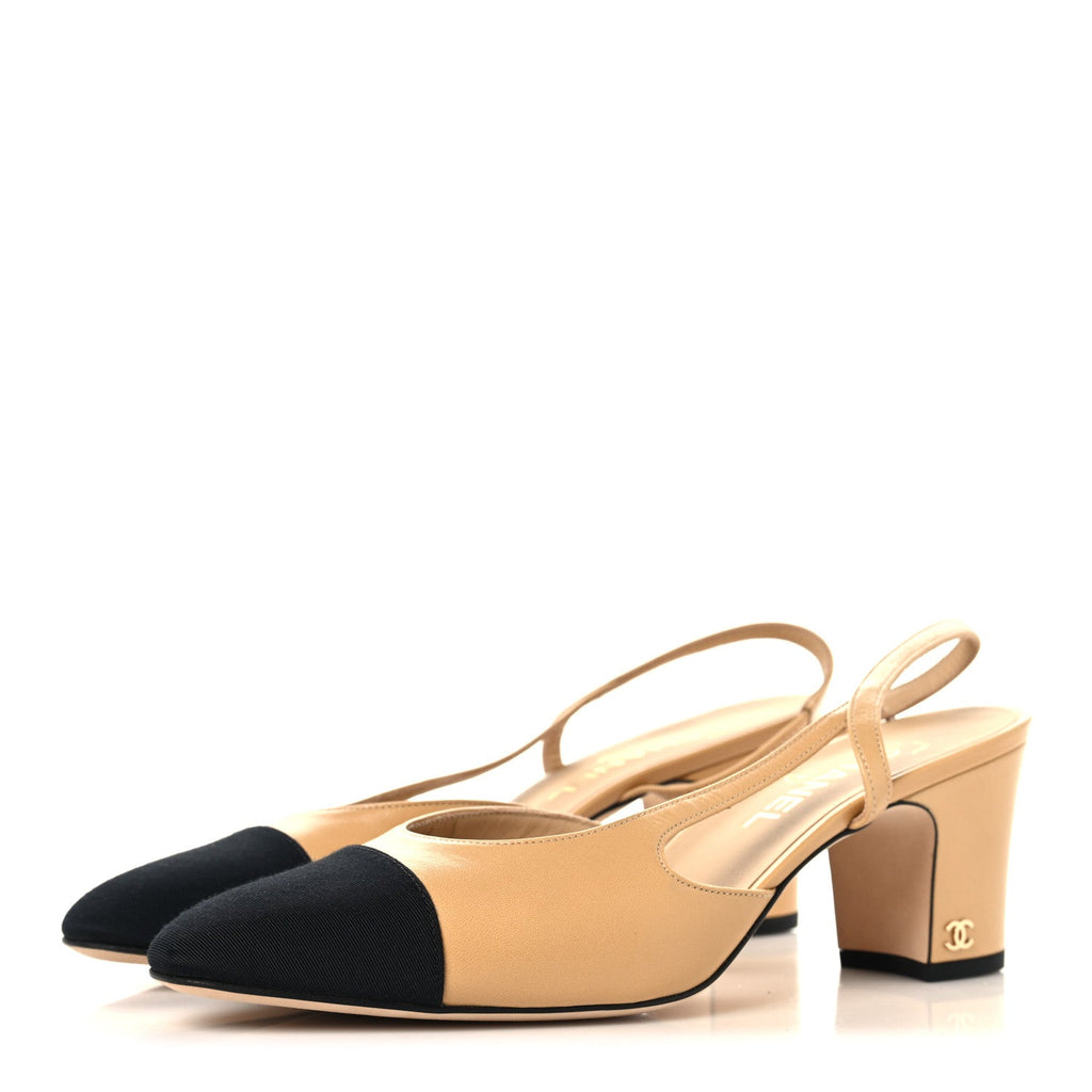 Goatskin Grosgrain Cap Toe CC Slingback Pumps 40.5 Beige Black
