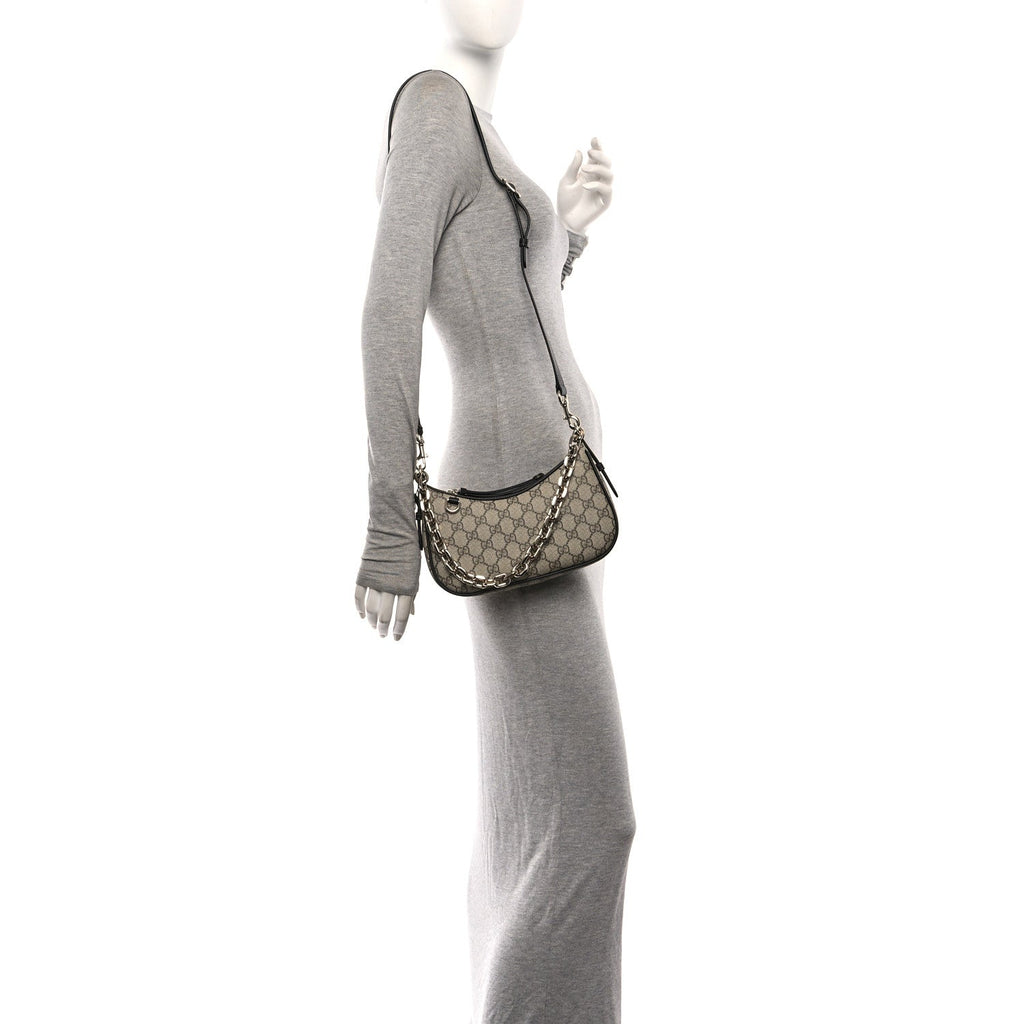 GG Supreme Monogram Textured Calfskin Small Emblem Shoulder Bag Beige Black