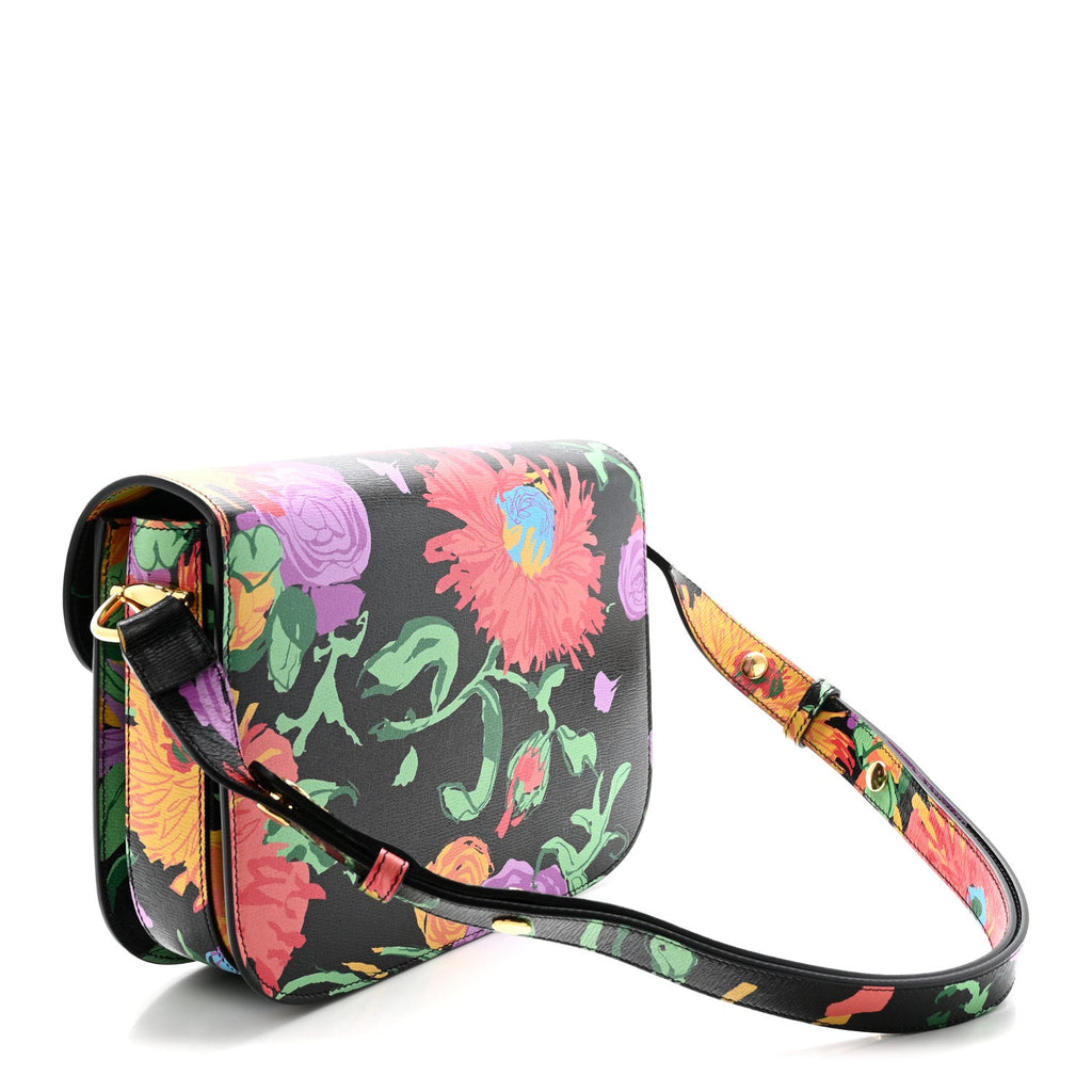 X KEN SCOTT New Shangai Calfskin Jenny Floral Print Horsebit 1955 Shoulder Bag Black Pink