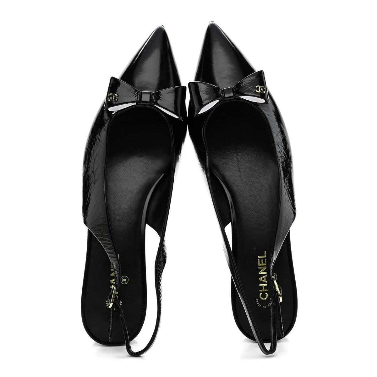 Crumpled Patent Calfskin CC Bow Slingback Pumps 38.5 Black