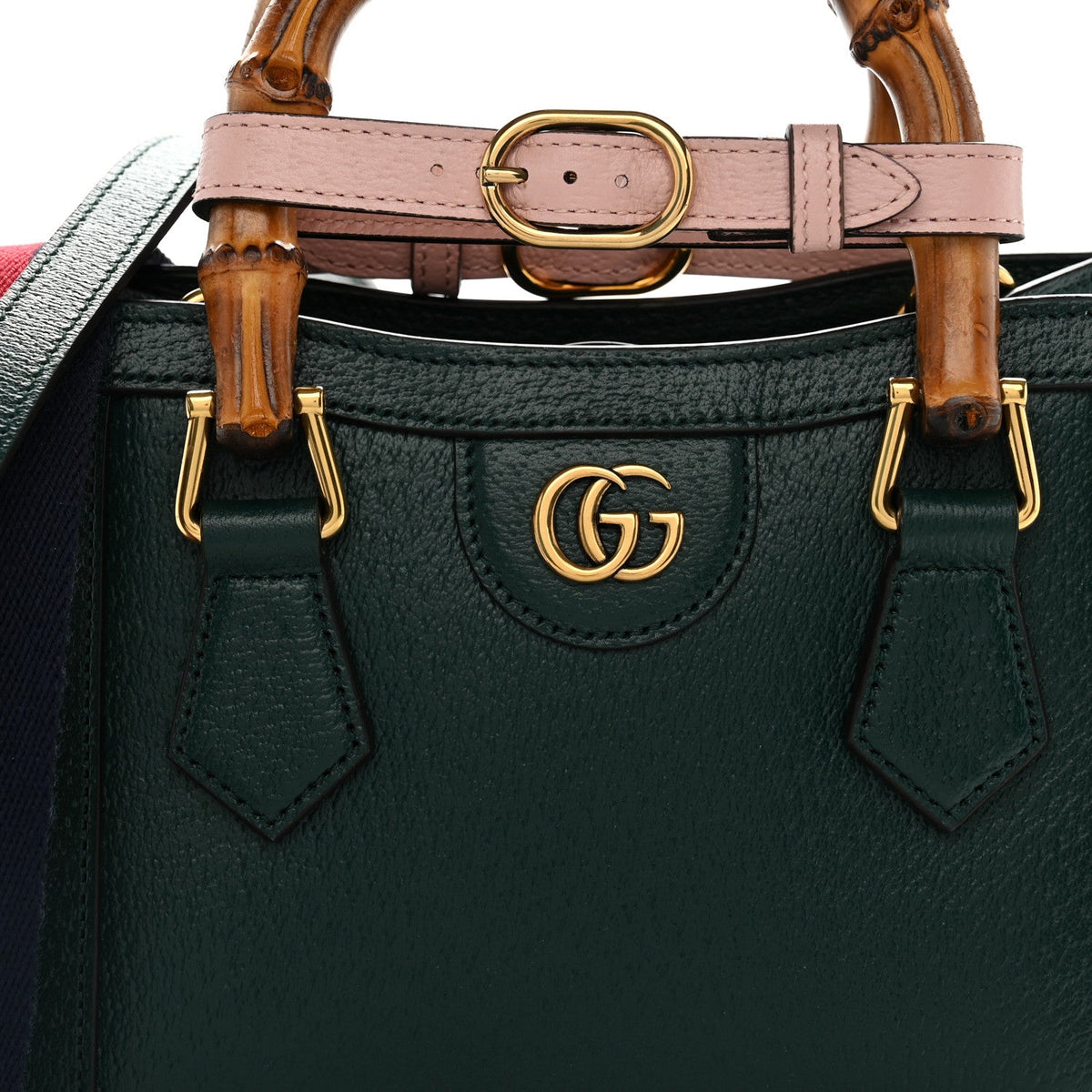 Textured Dollar Calfskin Web Mini Diana Tote Bag Vintage Green Pink
