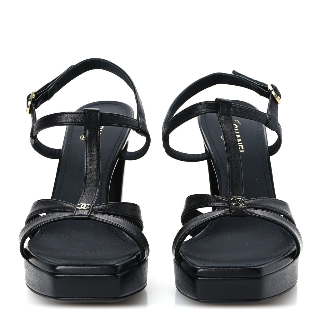 Lambskin Logo Platform Sandals 37.5 Black