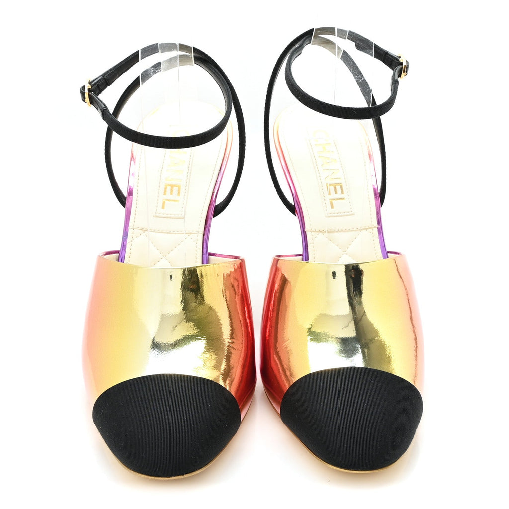 Laminated Calfskin Grosgrain Cap Toe CC Wedge Pumps 40 Pink Orange Yellow Black