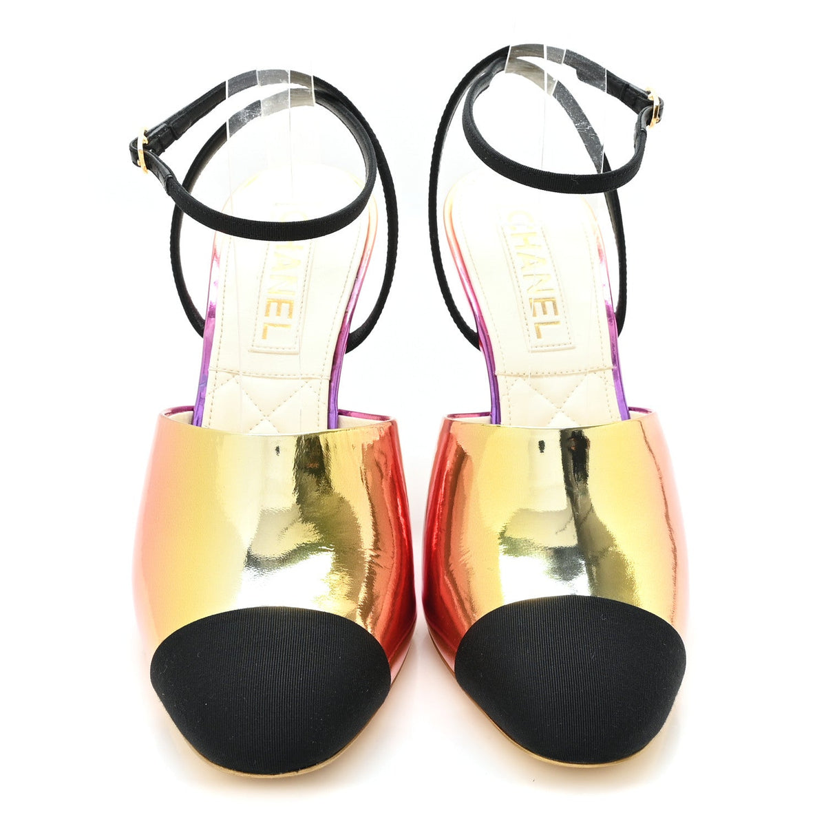 Laminated Calfskin Grosgrain Cap Toe CC Wedge Pumps 40 Pink Orange Yellow Black