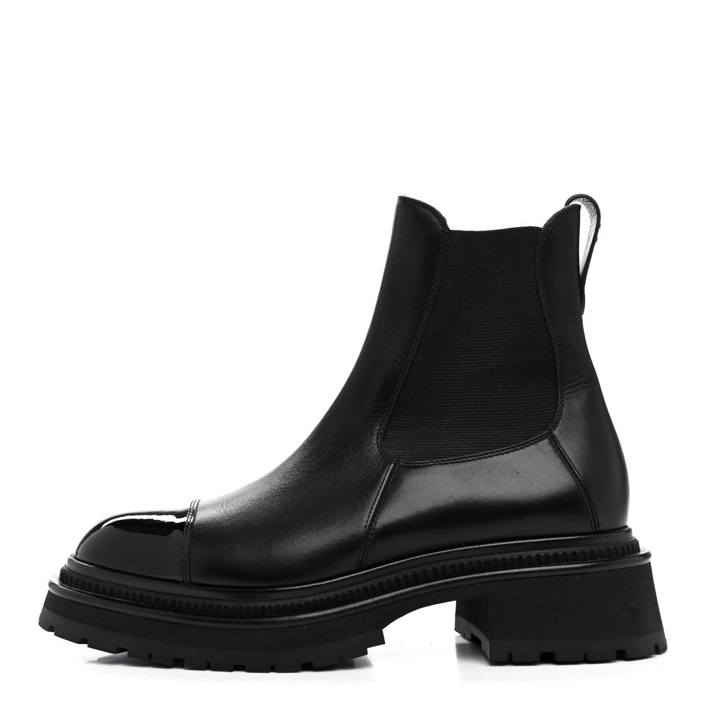 Calfskin Patent Cap Toe Ankle Boots 38.5 Black