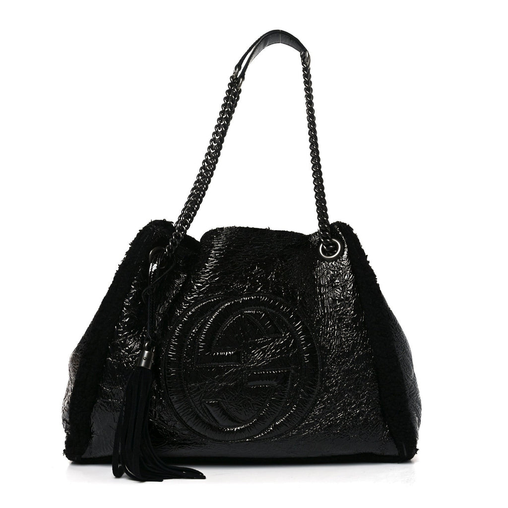 Patent Shearling Medium Soho Chain Shoulder Bag Black