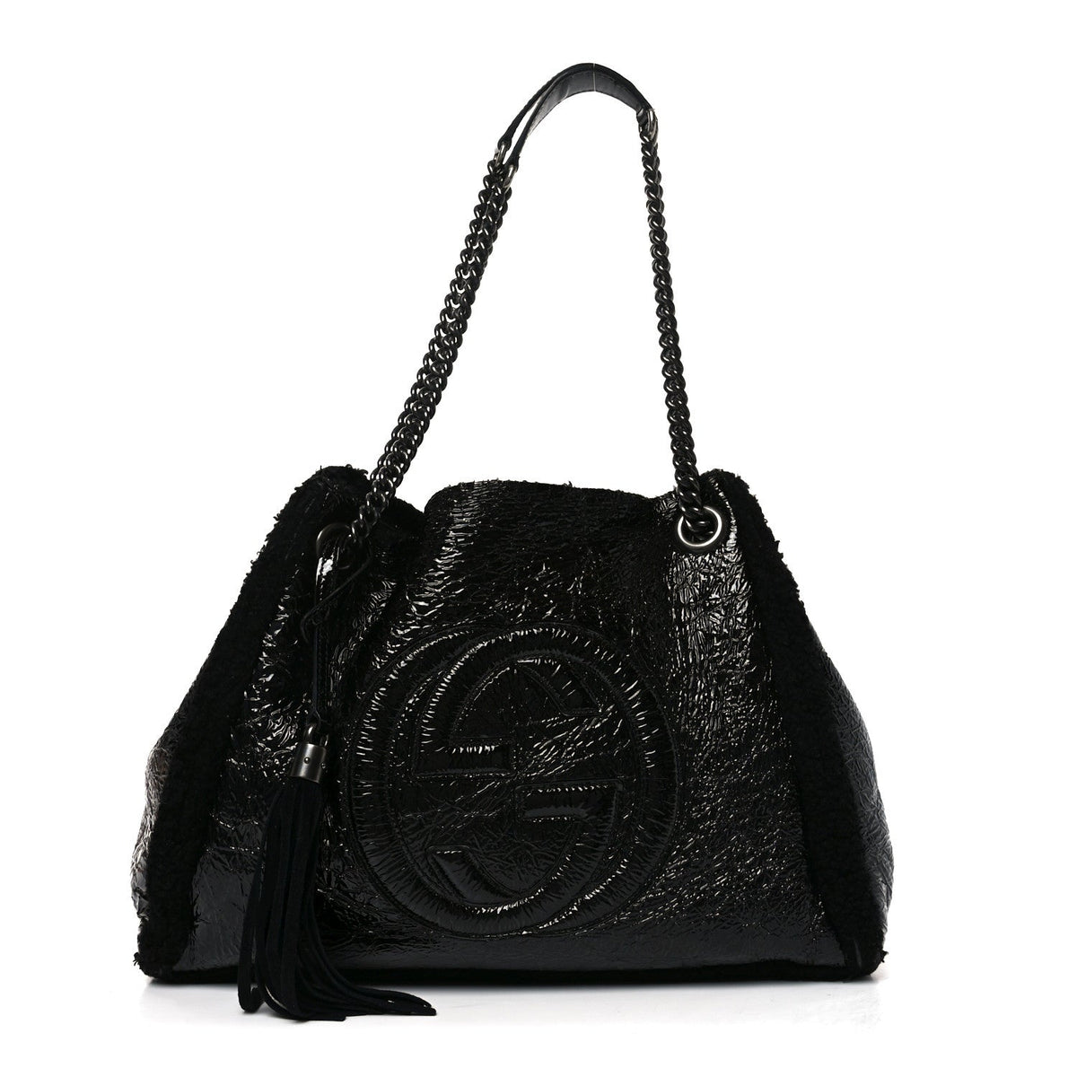 Patent Shearling Medium Soho Chain Shoulder Bag Black
