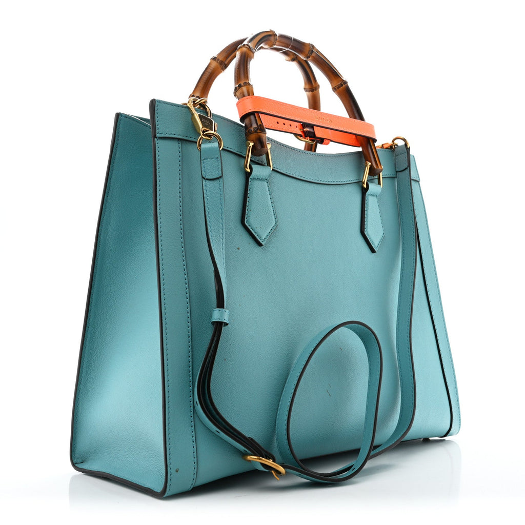 Wonka Grain Calfskin Medium Diana Tote Bag Dusty Azure Orange Fluo