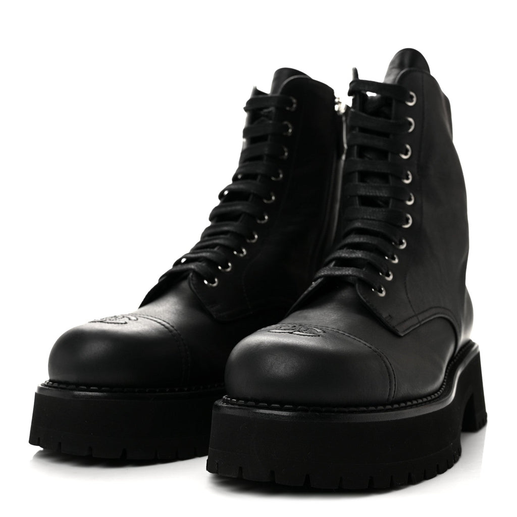 Calfskin Cap Toe Lace Up Combat Boots 40.5 Black