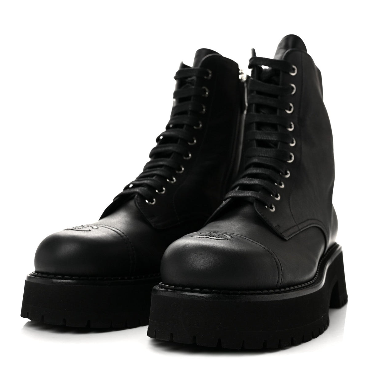 Calfskin Cap Toe Lace Up Combat Boots 40.5 Black