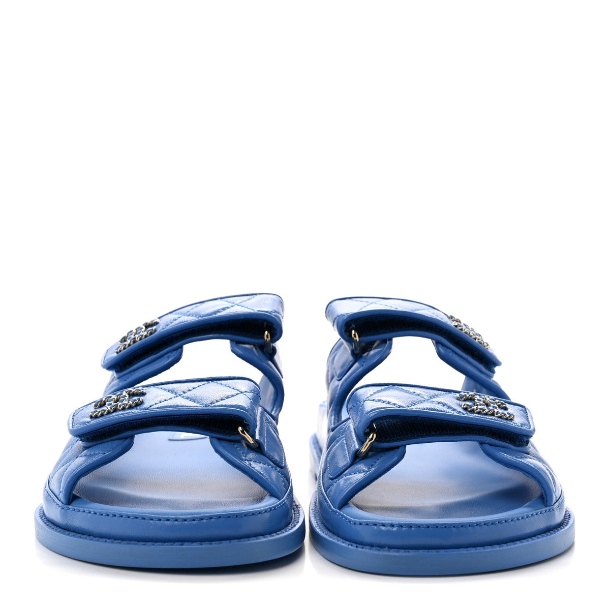 Lambskin Quilted Velcro Dad Chain CC Slide Sandals 39 Blue