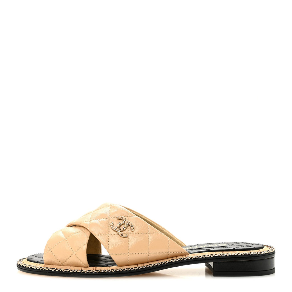 Shiny Lambskin Quilted Metal Chain CC Sandals 36.5 Beige