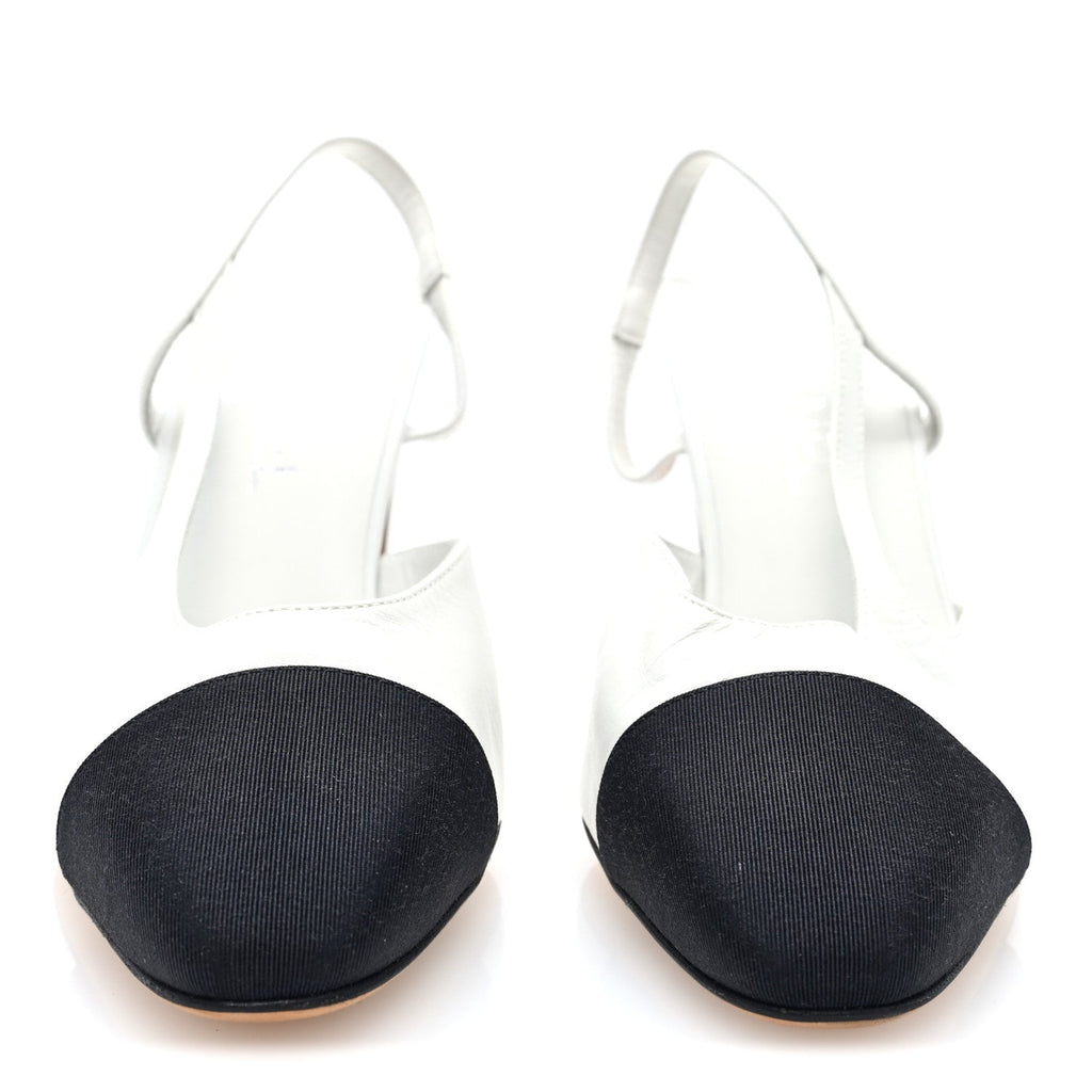 Goatskin Grosgrain Cap Toe CC Slingback Pumps 39 White Black