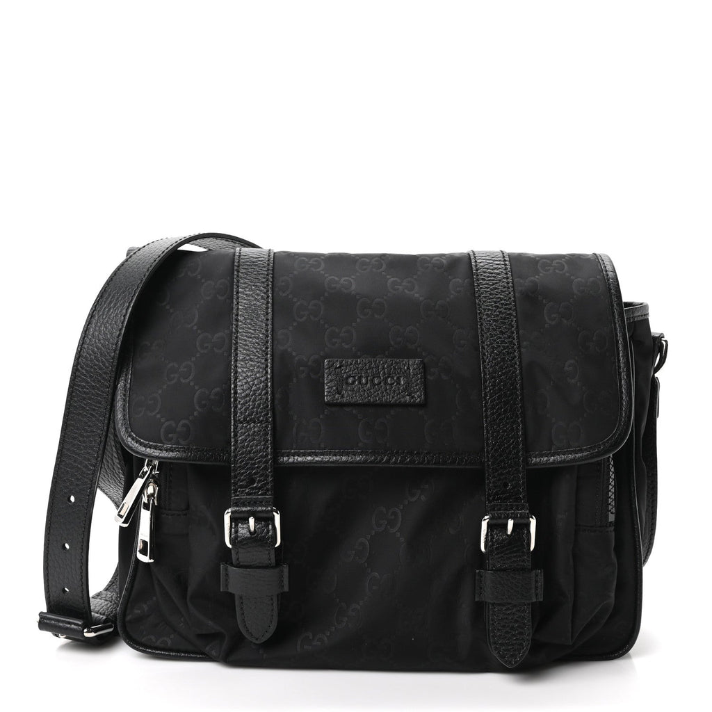 Nylon Monogram Double Buckle Flap Messenger Bag Black