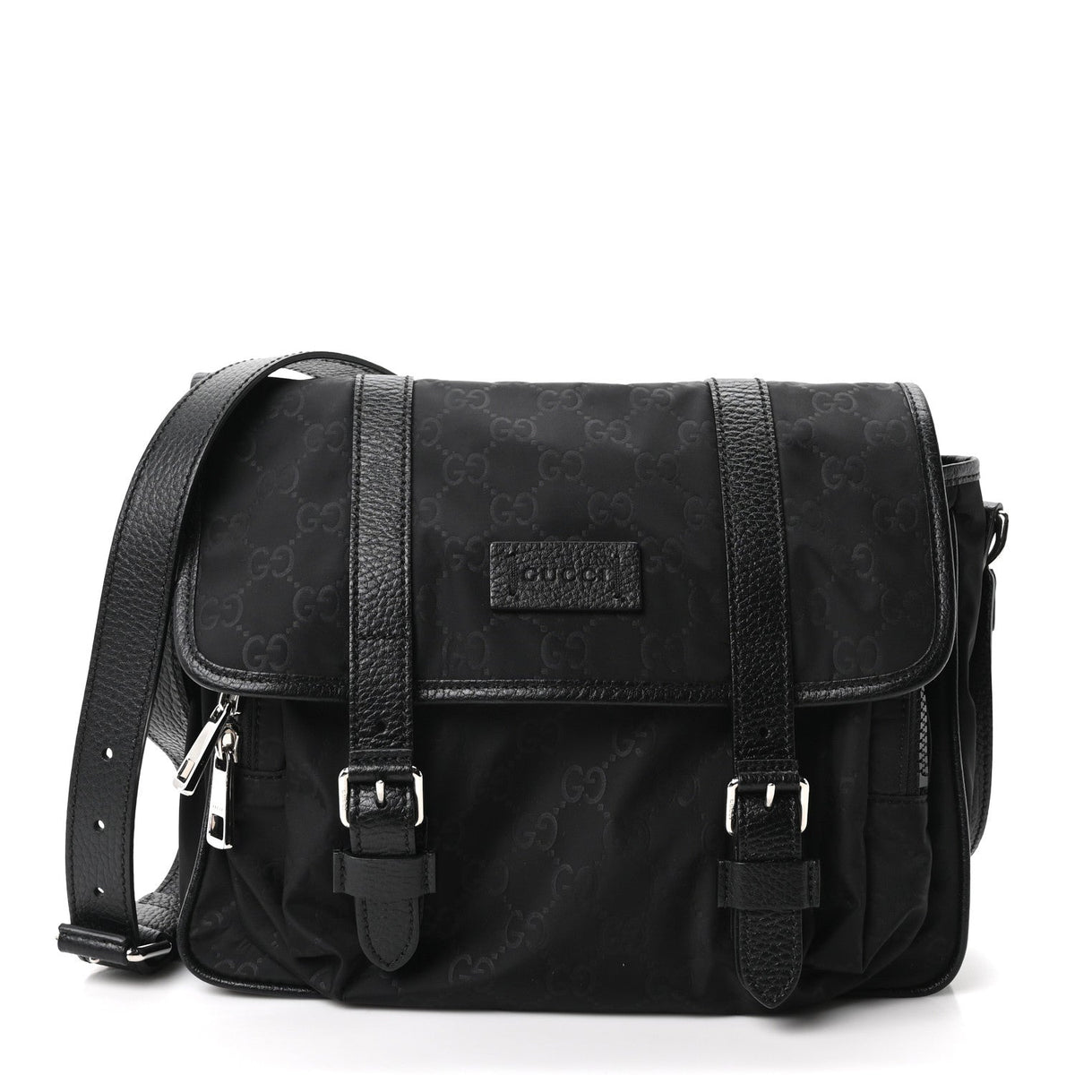Nylon Monogram Double Buckle Flap Messenger Bag Black