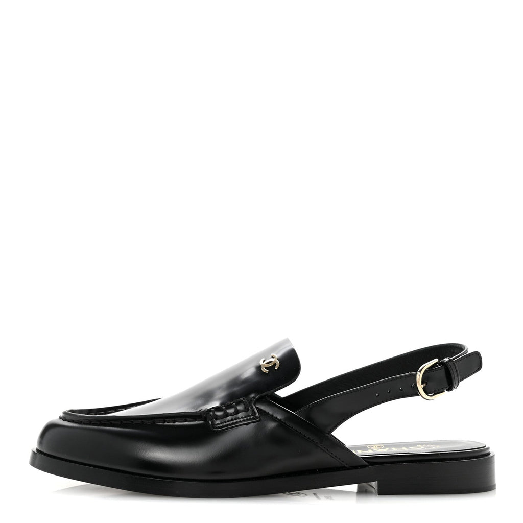 Shiny Calfskin Slingback Loafers 39.5 Black