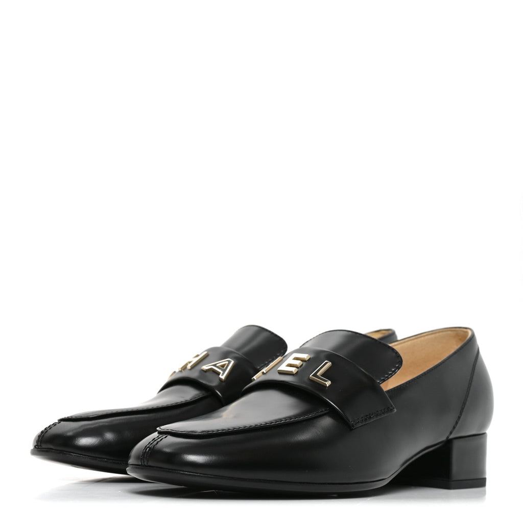 Shiny Calfskin Logo Loafers 36.5 Black