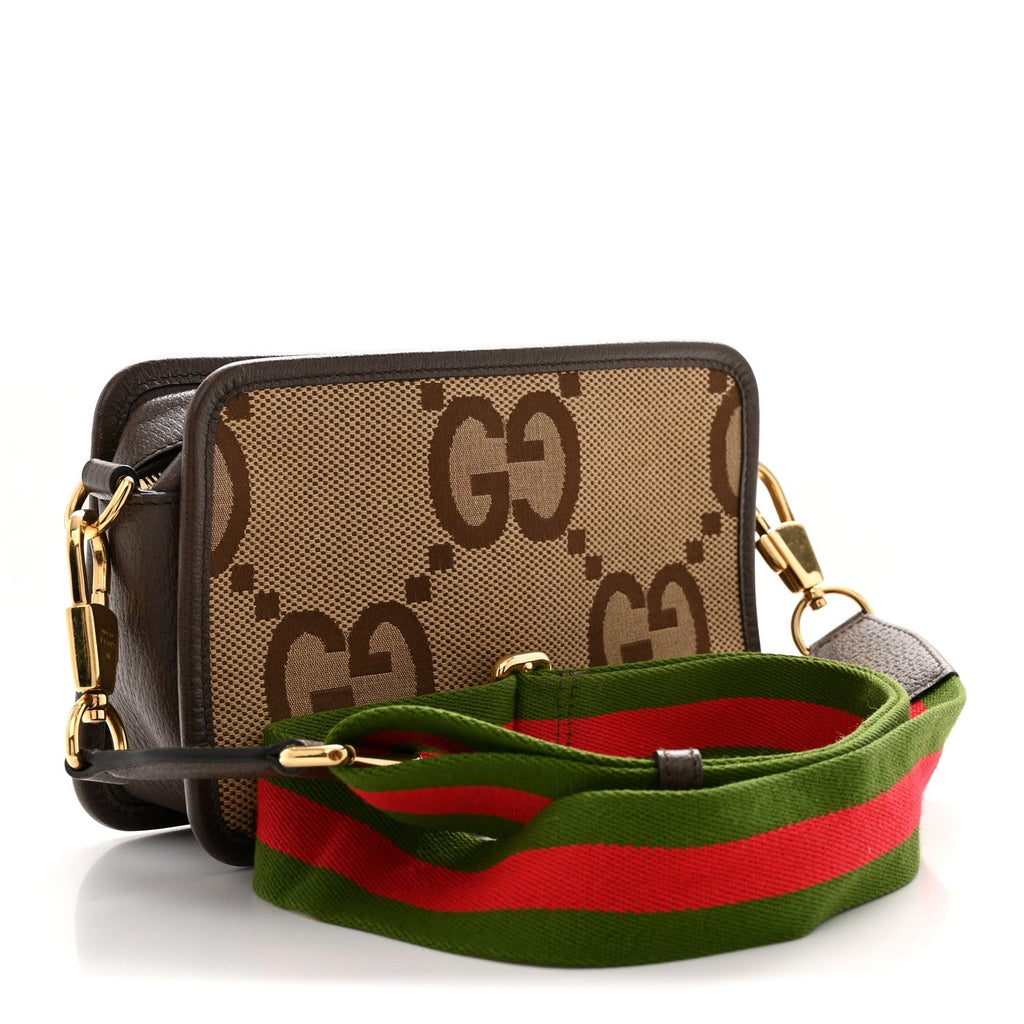 Monogram Jumbo GG Textured Dollar Calfskin Web Mini Crossbody Bag Camel Ebony New Acero