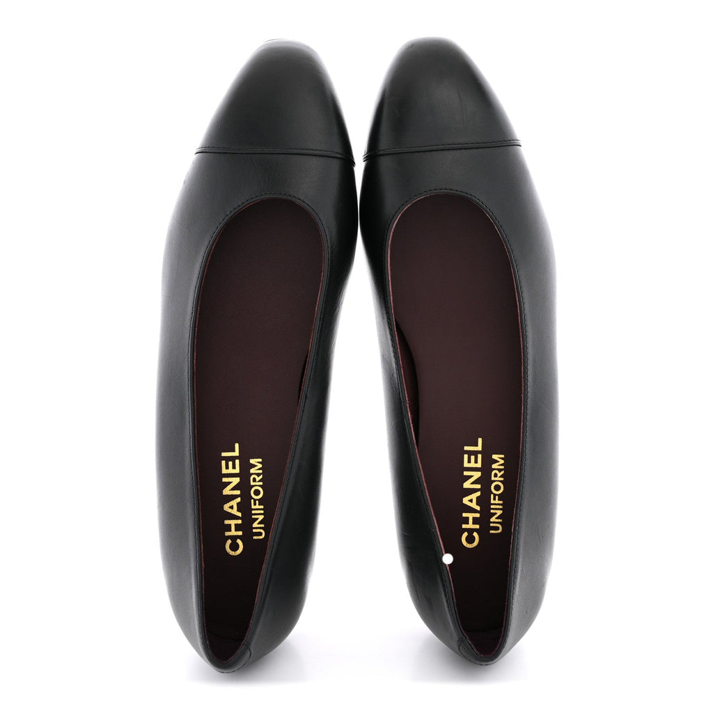 Lambskin Cap Toe CC Uniform Ballerina Flats 36.5 Black