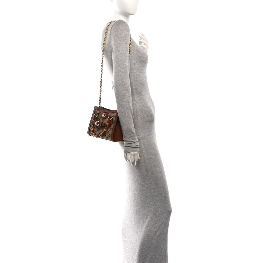 New Canvas Charisma Calfskin Crystal GG Monogram Mini Diana Tote Bag Camel Ebony