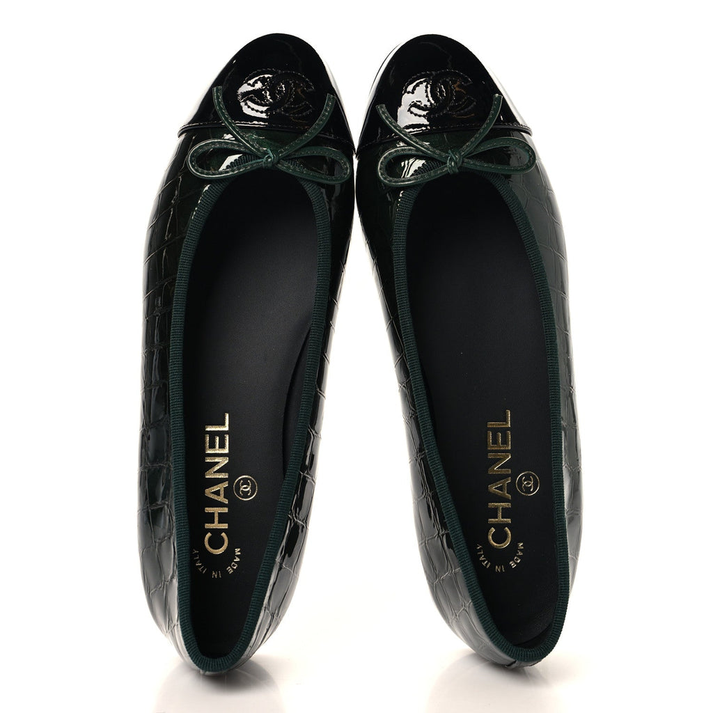 Patent Calfskin Crocodile Embossed Ballerina Flats 38 Dark Green Black
