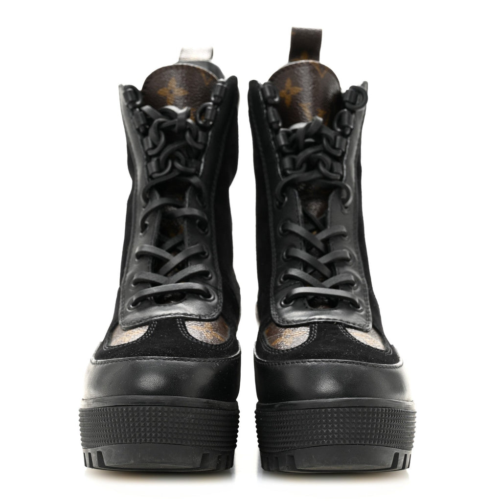 Suede Calfskin Monogram Laureate Platform Desert Boots 34.5 Black