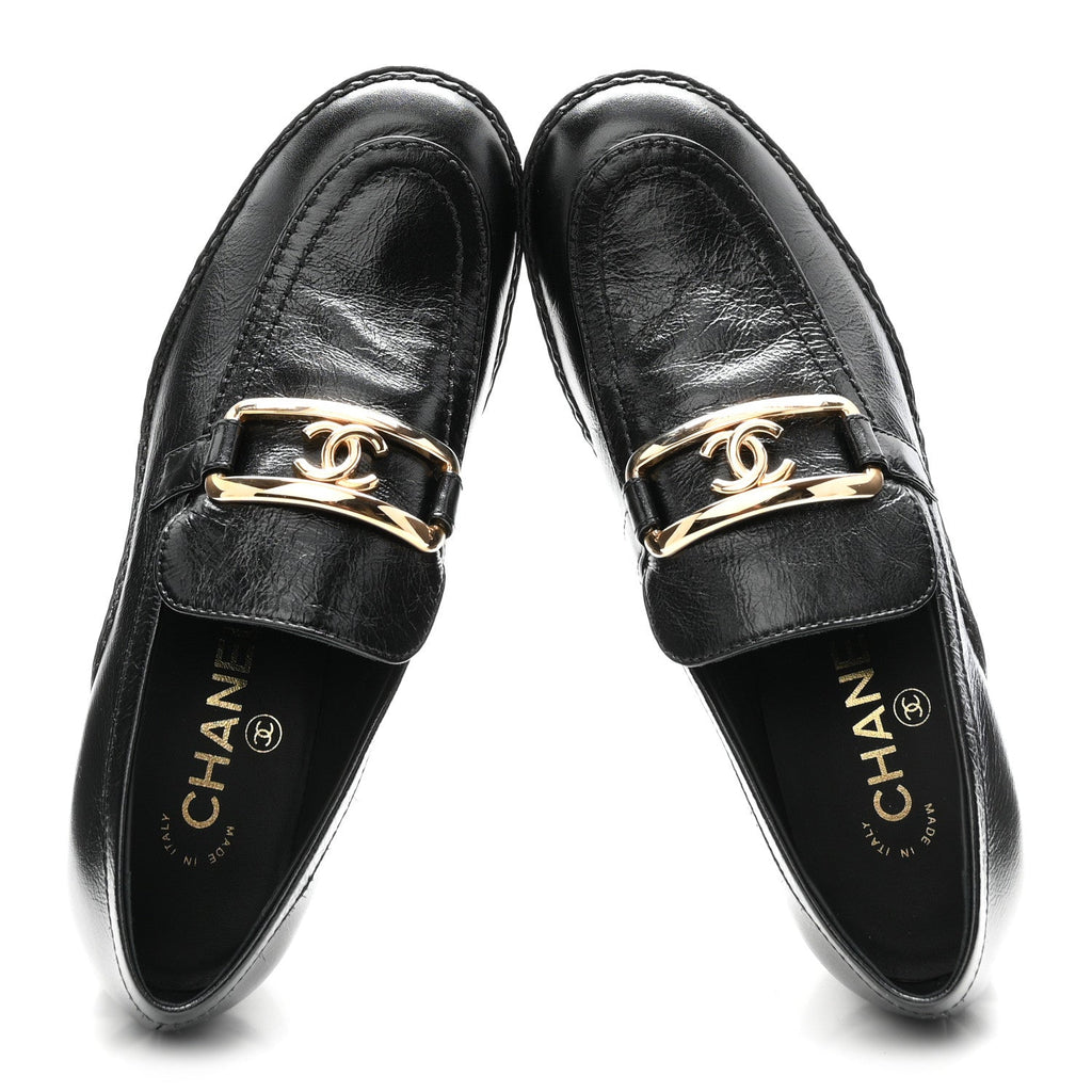 Shiny Calfskin Metal CC Loafers 37 Black