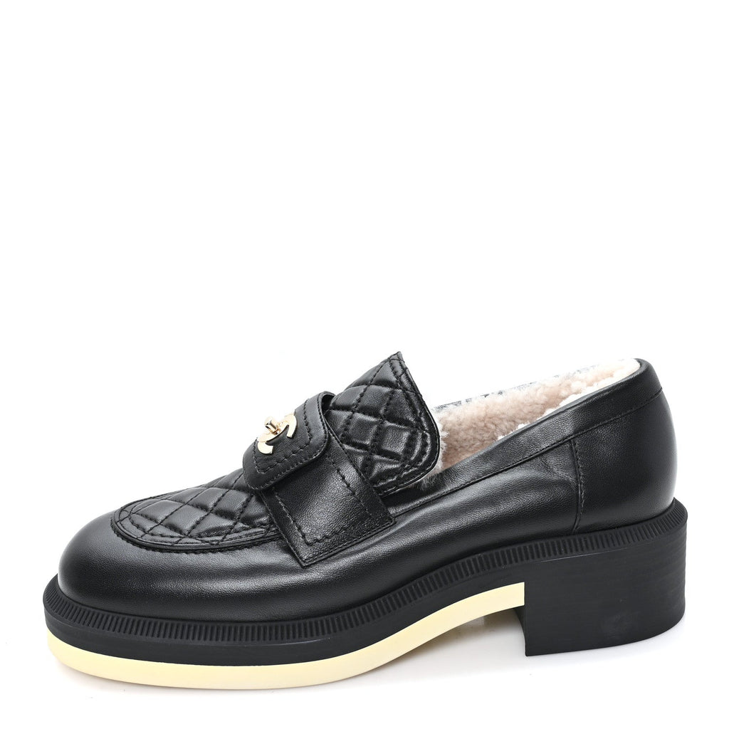 Lambskin Shearling Quilted CC Turnlock Loafers 39 Black