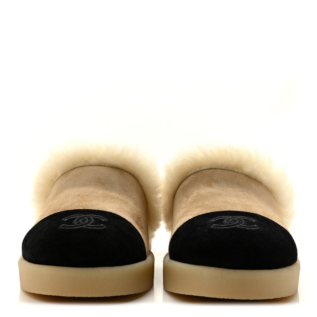 Suede Shearling CC Cap Toe Mules 40 Beige Black