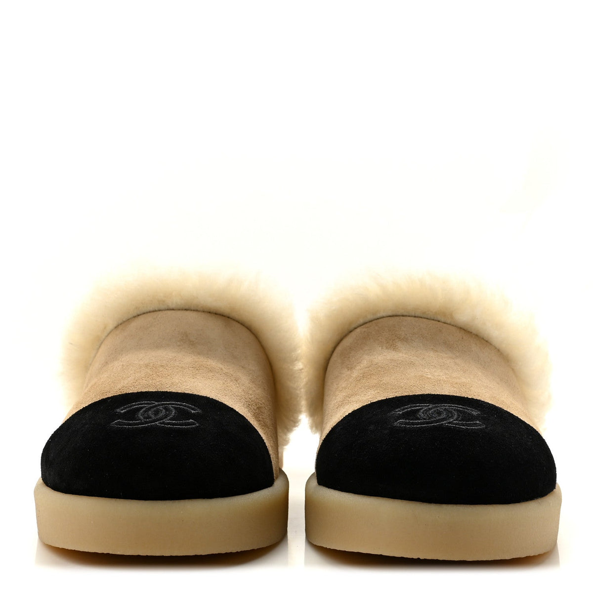 Suede Shearling CC Cap Toe Mules 40 Beige Black