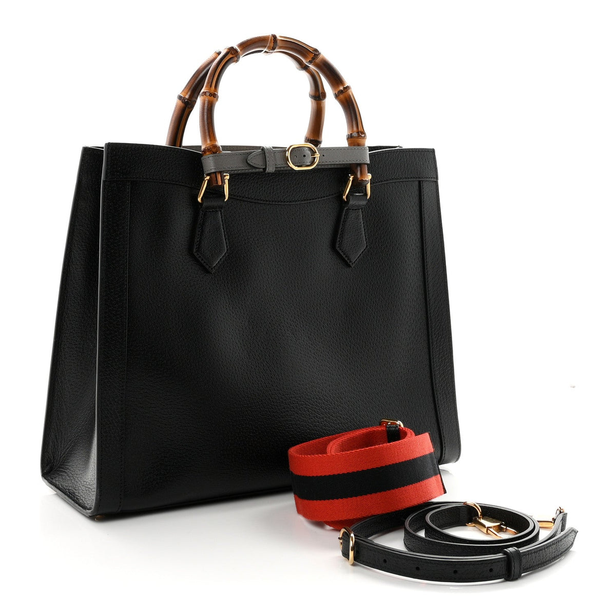 Textured Dollar Calfskin Web Medium Diana Tote Bag Black Dusty Grey